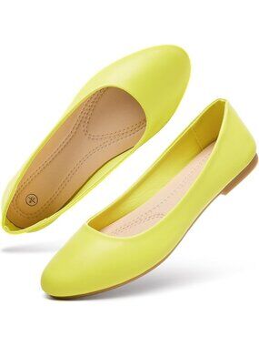 Women's Lemon Yellow Comfortable PU Leather Round Toe Slip on Ballet Flat Shoes